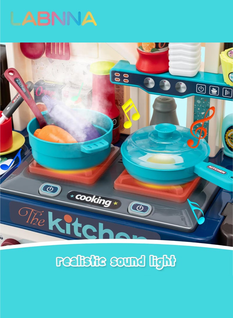 LABNNA مجموعة ألعاب مطبخ للأطفال مكونة من 53 قطعة، موقد طبخ، حوض غسيل، فرن، ألعاب مطبخ مع أضواء وأصوات واقعية، ألعاب تمثيلية، ألعاب مطبخ للأطفال الصغار من عمر 1 إلى 3 سنوات (أزرق) - Image 3